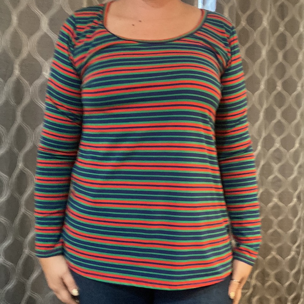 Lularoe Lynnae long sleeve tee blue green red striped tee size XL